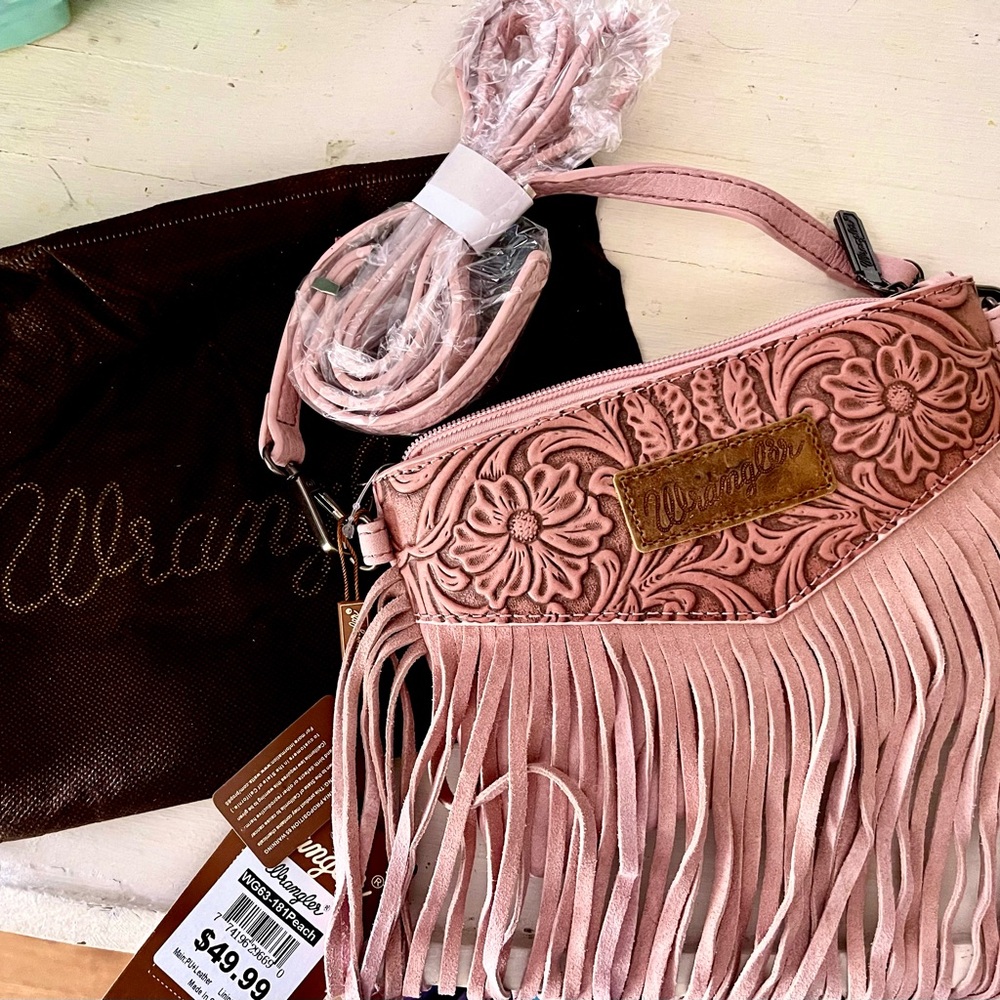 Wrangler Pink Tooled Collection Fringe Crossbody Women's Bag